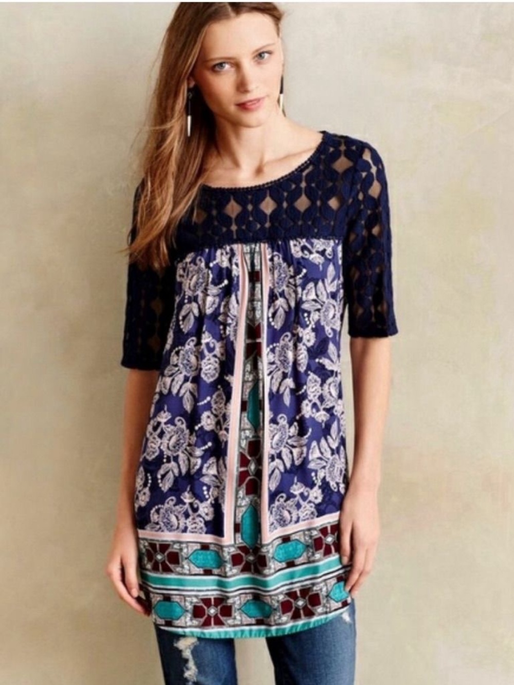 Anthropologie Navy Blue Crochet Yoke Floral Border Tunic